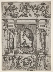 Bust of a Woman in Profile Facing Left, Set in an Elaborate Frame with Figures, ca. 1540-80