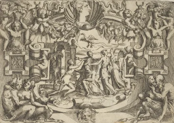 Four Women Surrounding a Seated Figure, a Bird Above Them