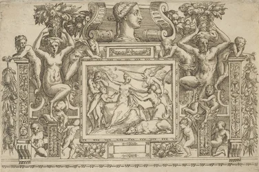 Woman seated with arms outstretched, personification of Fame with trumpet at right...