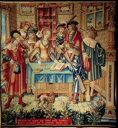 Curtain illustrating the liberal arts: Arithmetic. Wool and silk tapestry made around 1520 in Tournai. Dimensions 3,1 x 2,9 m. Paris, National Museum of the Middle Ages, Thermes de Cluny