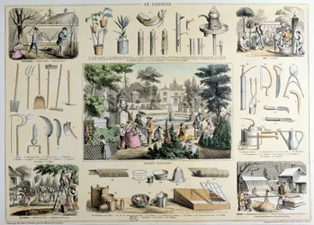 Educational depiction of gardening, with illustrations of garden tools and scenes showing the appropriate activities for each season