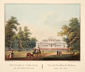 Het Paviljoen te Jaarlem, van den Hout af te zien. Vue du Pavillon de Harlem, prise du Bois