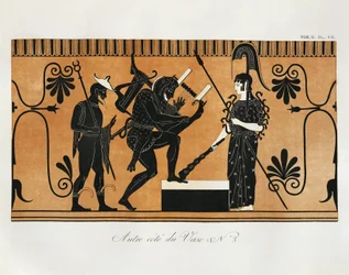Scene from ancient Greek vase with Heracles playing lyre before Athena with Hermes standing behind him by Piringer (after Greek original)