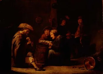 Tavern interior with two singers and a bagpiper