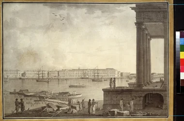 View of the Winter Palace and the Stock Exchange in Saint Petersburg. Work by Benjamin Paterssen, pencil and ink on paper, circa 1790. Swedish art