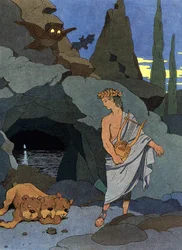 Orpheus and his lyre put to sleep Cerberus the dog with three heads