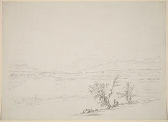 An Alpine Landscape with a Couple Seated by Trees Overlooking a Valley