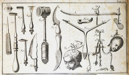Surgical Board Representing Different Types of Surgical Instruments for Brain Removal. Engraving by Benoit Louis Prevost (1735-1809). 18th Century
