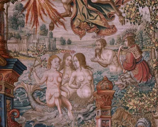 Flemish tapestry. Series The Honours. Fame. Third tapestry in the series. Model Cartoonists from the circle of Bernard van Orley and Jan Gossaert (Mabuse). Manufacture Pieter van Aelst, Brussels. Ca 1550. Fabric Gold, silver, silk and wool.