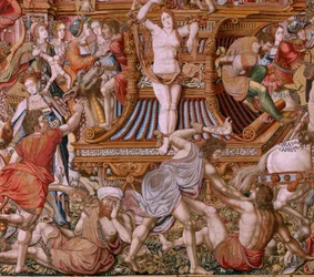 Flemish tapestry. Series The Honours. Infamy. Sixth tapestry in the series. Model Cartoonists from the circle of Bernard van Orley and Jan Gossaert (Mabuse). Manufacture Pieter van Aelst, Brussels. Ca 1550. Fabric Gold, silver, silk and wool.