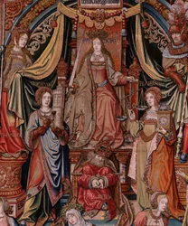 Flemish tapestry. Series The Honours. Justice. Ninth tapestry in the series. Model Cartoonists from the circle of Bernard van Orley and Jan Gossaert (Mabuse). Manufacture Pieter van Aelst, Brussels. Ca 1550. Fabric Gold, silver, silk and wool.