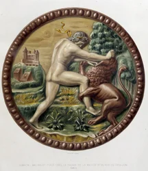 Samson fighting the lion - bas-relief in ceramic, in "The work of Bernard Palissy" by C. Delange and C. Borneman, Paris
