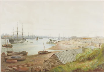 A Busy River Scene with Numerous Vessels