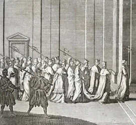Different Stages of the Conclave, Meeting of Cardinals for the Election of a New Pope: The Entrance of the Cardinals in the Sistine Chapel (Vatican: Entrance of the Cardinals) Engraving from 