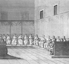 Different stages of the conclave, meeting of cardinals for the election of a new pope: first congregation of the cardinals (Election of the new pope during the conclave in the Sistine Chapel, Vatican: first congregation of the cardinals) Engraving