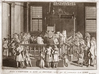 Judaism: display of the Torah at a Synagogue before the reading Engraving from Illustration de ceremonies et customs religieuses de tous les peuples du monde by Bernard Picart (1723-1743) 1819 Private collection