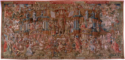 Flemish Tapestry. Series The Honours. Fame (La Fama). Third Tapestry in the Series. Model Cartoonists from the Circle of Bernard van Orley and Jan Gossaert (Mabuse). Manufacture Pieter van Aelst, Brussels. Ca 1550.
