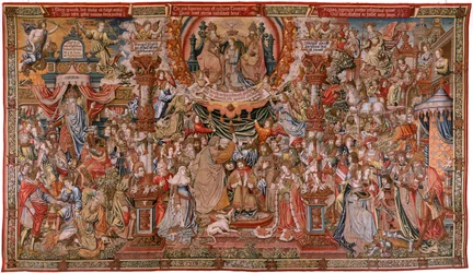 Flemish Tapestry. Series The Honours; Nobility. Fourth Tapestry in the Series. Model Cartoonists from the Circle of Bernard van Orley and Jan Gossaert. Manufacture Pieter van Aelst, Brussels. Ca 1550. Fabric Gold, Silver, Silk and Wool.