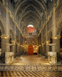 View of nave and counterfacade with frescoes depicting Crucifixion and Deposition