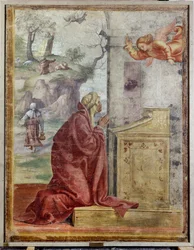 Annunciation to St. Anne, in the background St. Joachim and the Angel