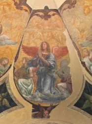 Praying Angel Between Two Kneeling Musicians and Cherubs
