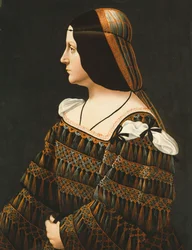 Portrait of a Lady, Half Length, in Profile, in a Black Dress Decorated with Lace, with Pendant Tassels and Slashed Shoulders and an Orange and Grey Snood