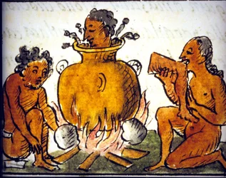 Ritual cannibalism among the Aztecs. Manuscript by Bernardino de Sahagún. 17th century. Detail of COS00778.