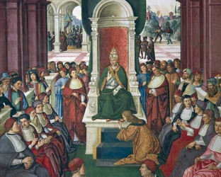Enea Silvio Piccolomini in act of submission to Pope Eugenius IV, detail from Stories of Pius II, Piccolomini Library, Siena Cathedral, Italy