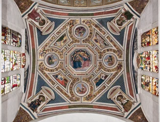 The Coronation of the Virgin, The Four Evangelists, The Sibyls, and the Doctors of the Church (detail). Vault of the choir by Pinturicchio, 1508-1510, Basilica of Santa Maria del Popolo