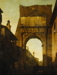 The Arch of Titus, Rome, with the Wall and Gate of the Farnese Gardens and the Temple of Castor and Pollux Beyond, Two Tourists in the Foreground