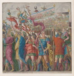 Sheet 1: Soldiers carrying banners depicting Julius Caesar
