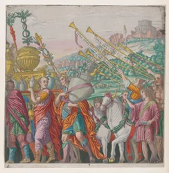 Sheet 4: Men carrying trophies at left, trumpeters at right, from The Triumph of Julius Caesar, 1599