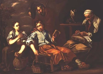An old woman embroidering, a boy reading and a girl offering an old man a drink outside a cottage