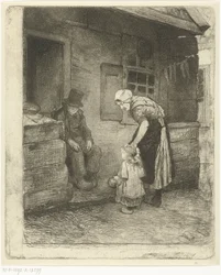 Woman with Small Child Standing by Seated Old Man in Front of Workers