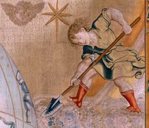 Flemish tapestry. Series The Spheres. Hercules supporting the celestial sphere. First tapestry in the series. Model Barend van Orley or Pieter Coecke van Aelst. 1525-1530. Manufacture Joris Vezeleer