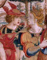 Flemish tapestry. Series The Spheres. Hercules supporting the celestial sphere. First tapestry in the series. Model Barend van Orley or Pieter Coecke van Aelst. 1525-1530. Manufacture Joris Vezeleer