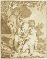 Four Putti Picking Grapes by a Vase