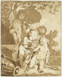 Four Putti Picking Grapes by a Vase