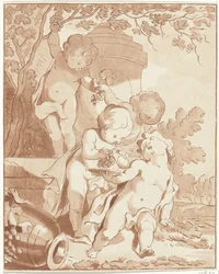 Four Putti Picking Grapes by a Vase