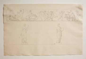 Bacchanal Procession with Bacchus and Ariadne. Two Statues of Muses
