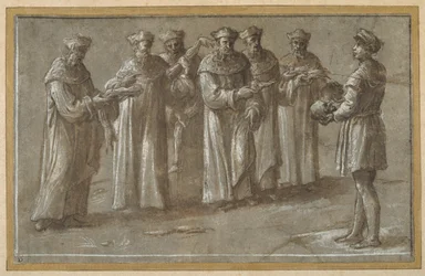 Six professors of anatomy, discussing a skull and flayed limbs