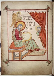 Cotton Nero D. IV, f.25v St. Matthew, Writing, with His Symbol, from the Lindisfarne Gospels, 710-721