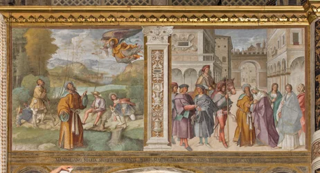 Central Nave, First North Span, Announcement to Joachim, Meeting of St. Joachim and St. Anne at the Golden Gate