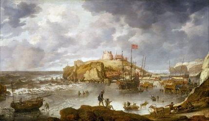 The Port of Archangel, Russia, Partly Frozen, with a Ship Carrying the Danish Flag