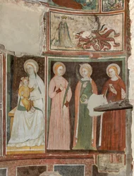 North Transept, Altar of St. Michael the Archangel, Behind the Altarpiece the Frescoes of Boniface Bembo, Virgin and Child Saint Aquilina and Saint Catherine of Alexandria, Above symbol of Umilitas