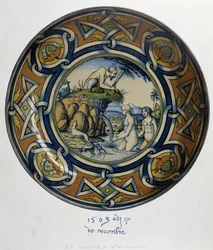 Actaeon Surprising Artemis (Diana) at the Bath - in “Collection of Italian Faiences of the XV, XVI and XVIIIth Centuries”, designed by C. Delange and C. Borneman, ed. Delange, Paris