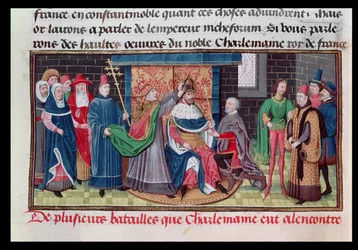 The Coronation of Emperor Charlemagne (747-814) by Pope St. Leo III (d.816) on Christmas Eve 800 AD, from Chroniques des Empereurs by David Aubert, 1462