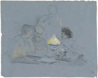 A. Grandmont and Three Figures, Reading by Lamplight