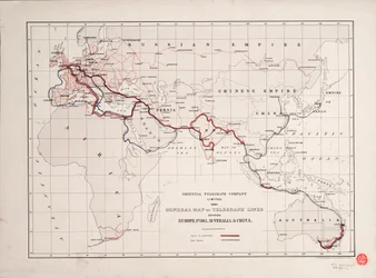 General Map of Telegraph Lines Between Europe, India, Australia, and China