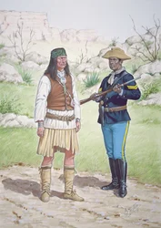 A Chiricahua Apache Warrior and a Corporal of 10th Regiment of US Cavalry in 1886, from a set of six tableaux